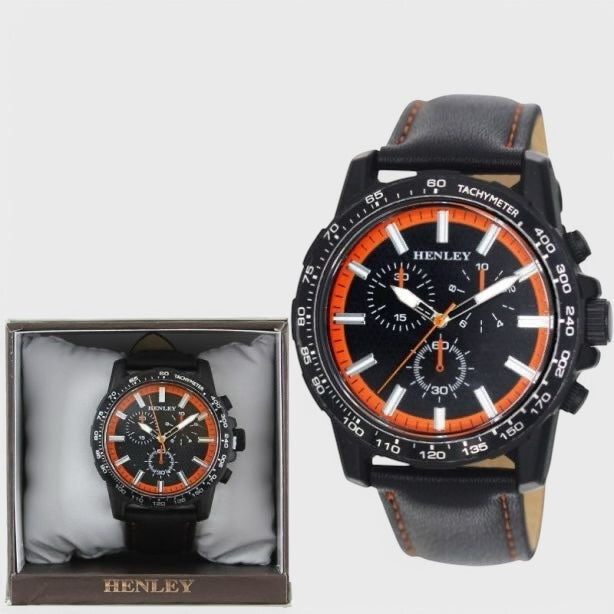 Henley Sports Leather Strap Multi Eye Watch black/orange - Shop-Tetuan