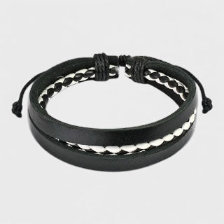 Black Leather Bracelet with Black & White 2 Tone Braided Center - Shop-Tetuan