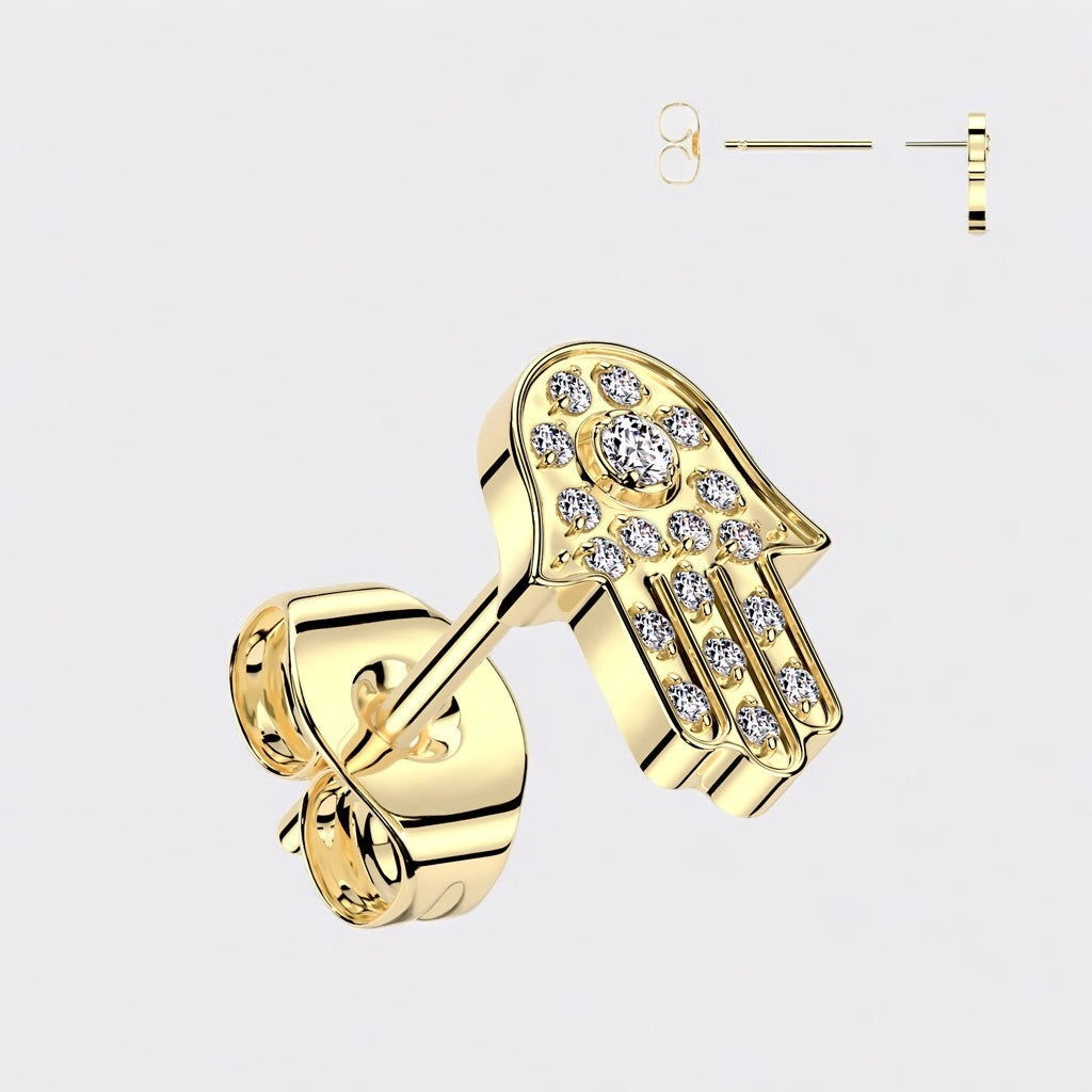 Implant Grade Titanium Threadless Push in Earring Stud With Hamsa Pave steel/gold - Shop-Tetuan