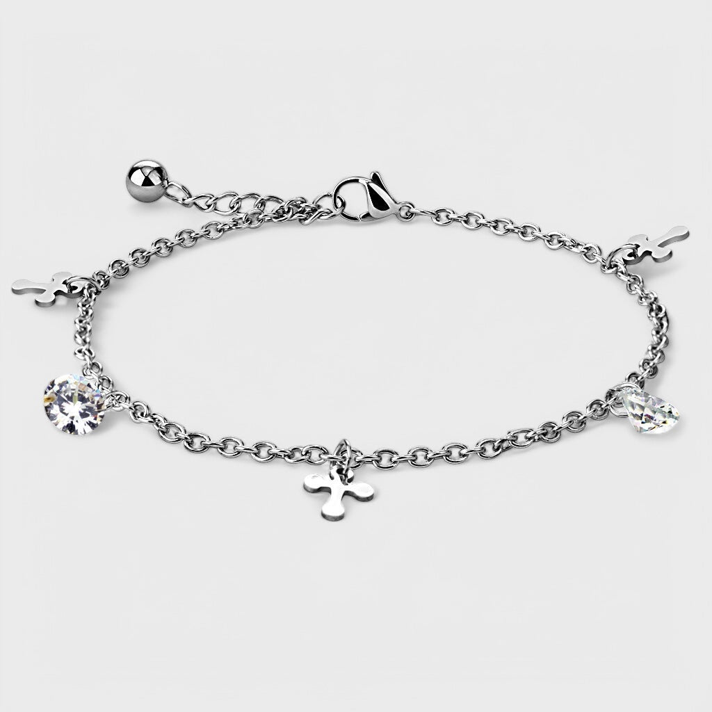 Dangle Cross CZ Charm Chain Bracelet Stainless Steel - Shop-Tetuan