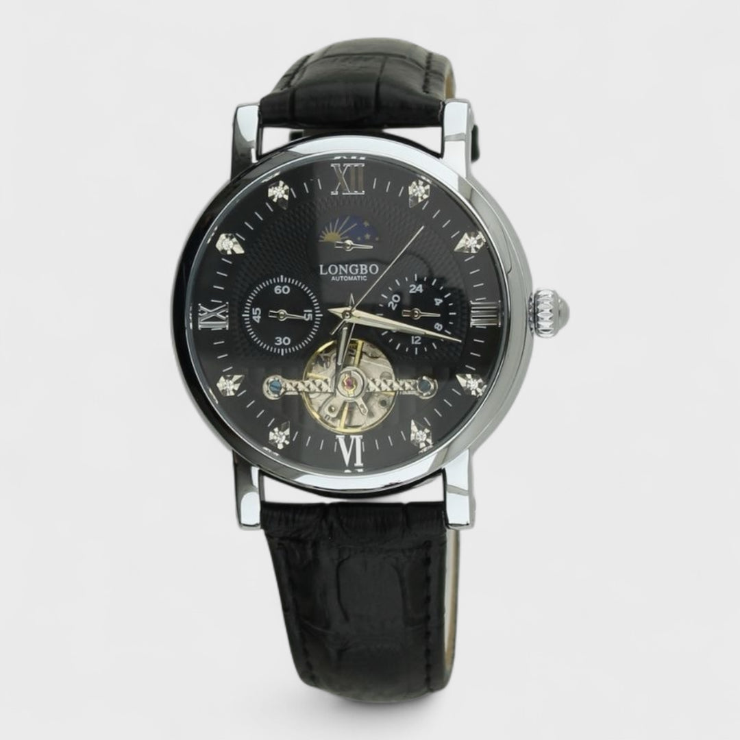 Longbo Automatic Watch with Leather Strap silver/black - Shop-Tetuan
