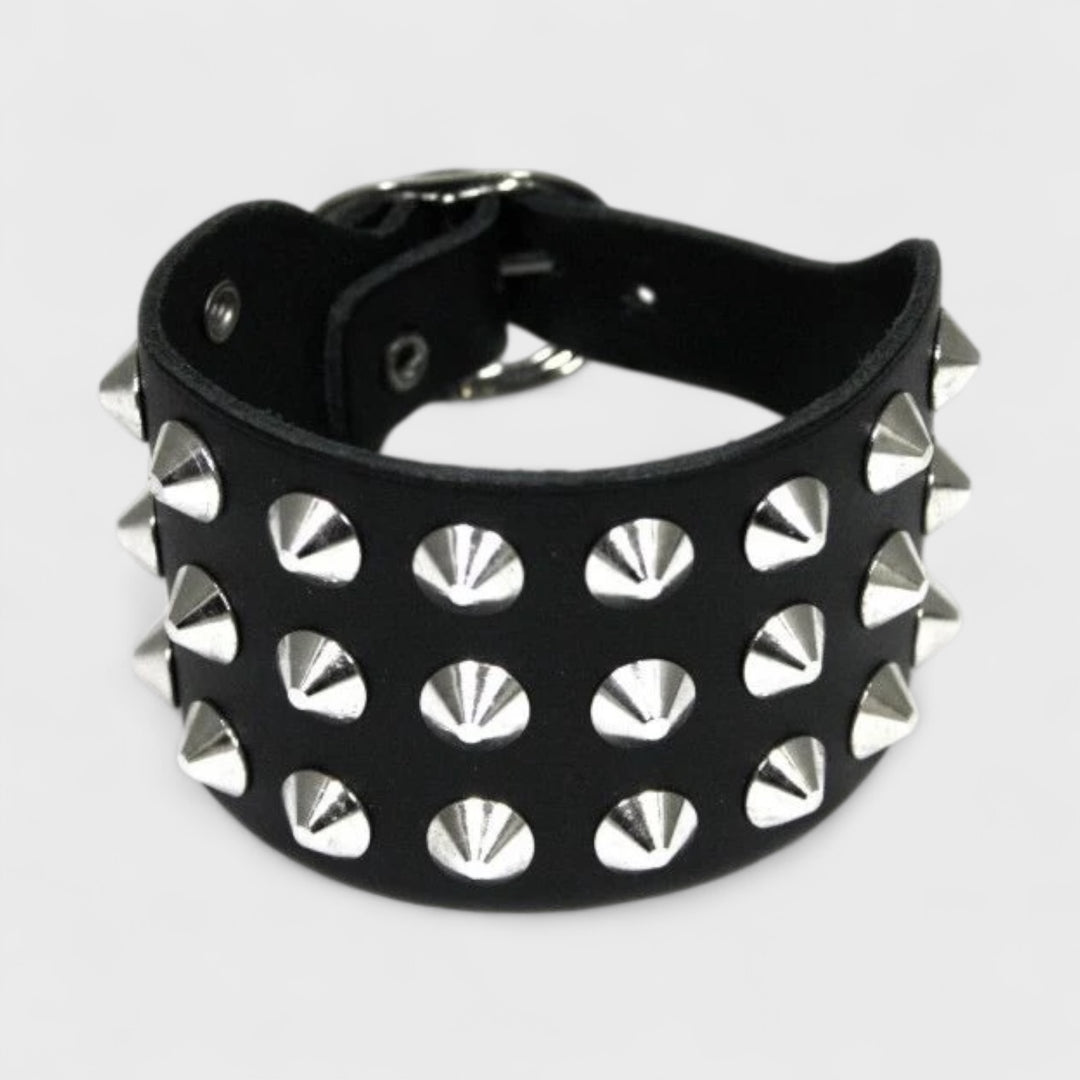 3 Row Conical Leather Wristband black