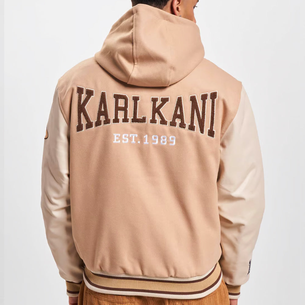 Karl Kani Retro Patch Hooded Block College Jacket sand/off white - Shop-Tetuan