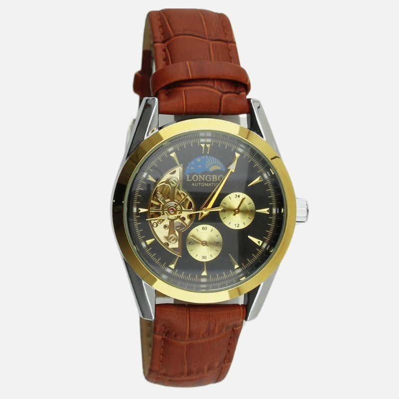Longbo Men's Automatic Watch with Leather Strap brown/gold - Shop-Tetuan
