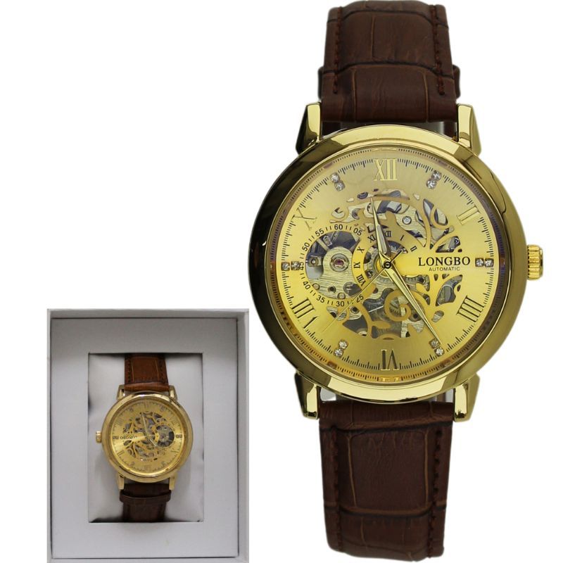 Longbo Men's Automatic Watch with Leather Strap gold/brown - Shop-Tetuan