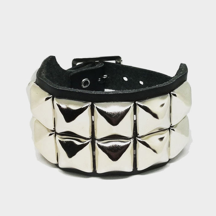 2 Row Pyramid Leather Wristband black - Shop-Tetuan