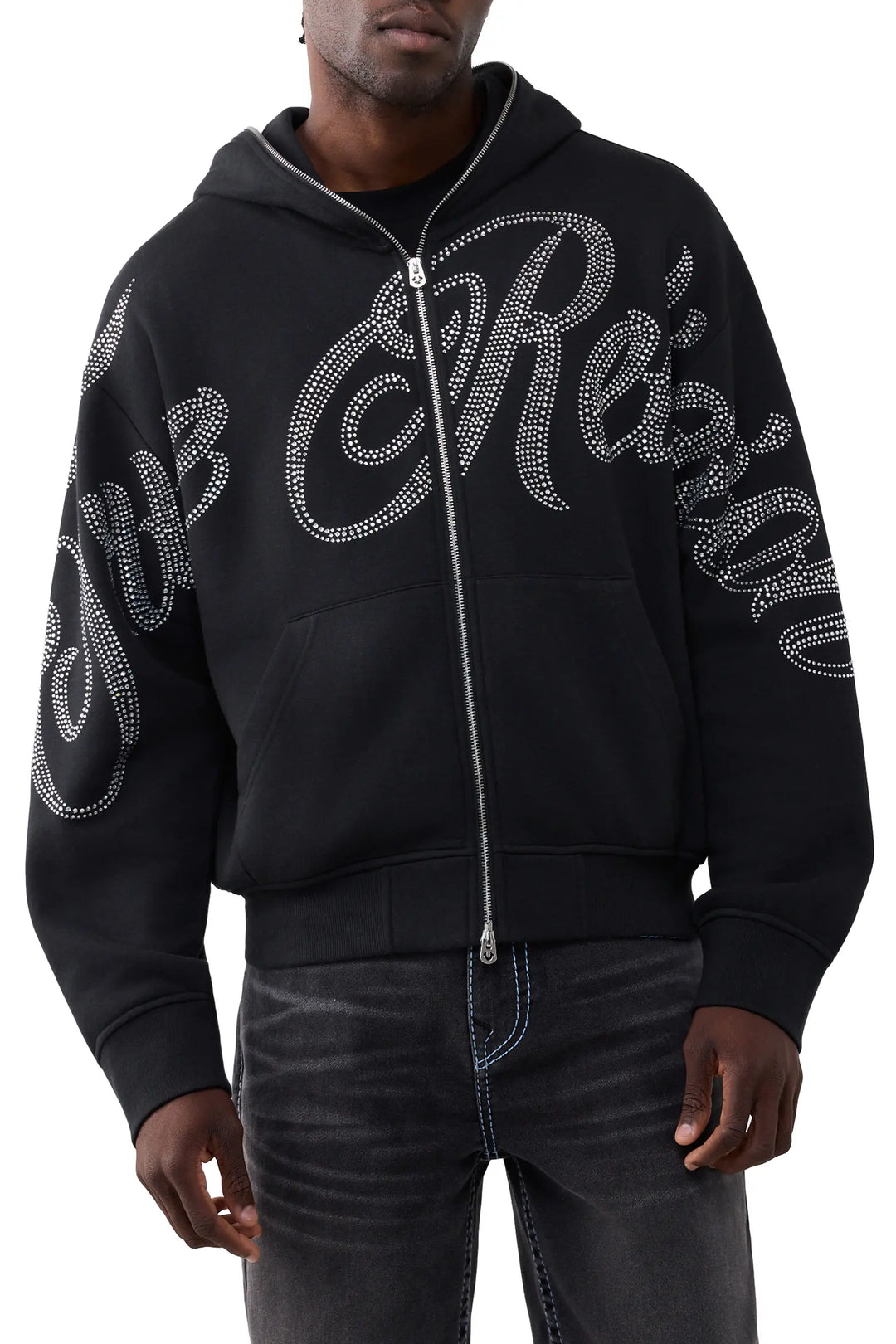 True Religion Crystal Script Boxy Zip Up Hoodie jet black