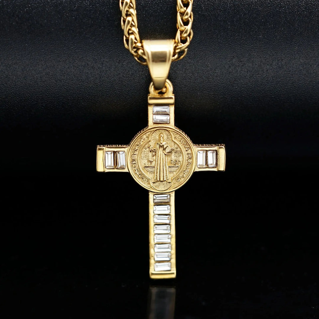 Square Zirconium Cross Chain Pendant Necklace gold
