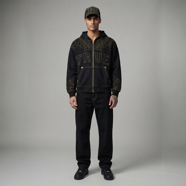 True Religion Rodeo Big T Boxy Zip Hoodie jet black - Shop-Tetuan