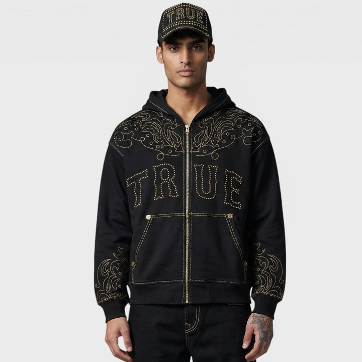True Religion Rodeo Big T Boxy Zip Hoodie jet black - Shop-Tetuan