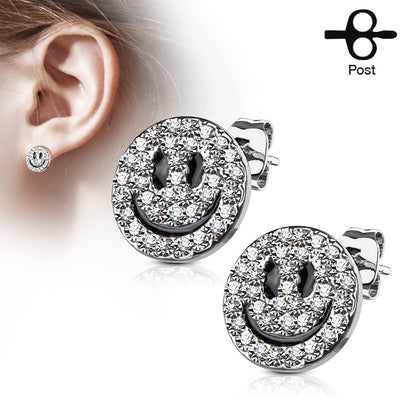 Pair of Gem Paved Smiley Face 316L Surgical Steel Post Earring Studs - Shop-Tetuan
