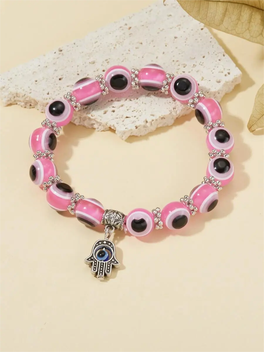 Hamsa Hand Bead Bracelet pink