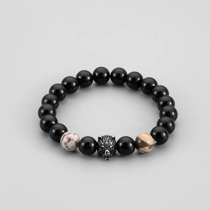 Natural Stone Wolf Head Black Beads blk