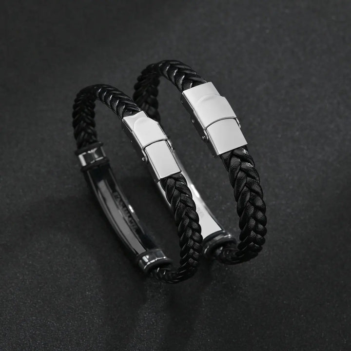 Woven Leather Steel Tile Bracelet black - Shop-Tetuan