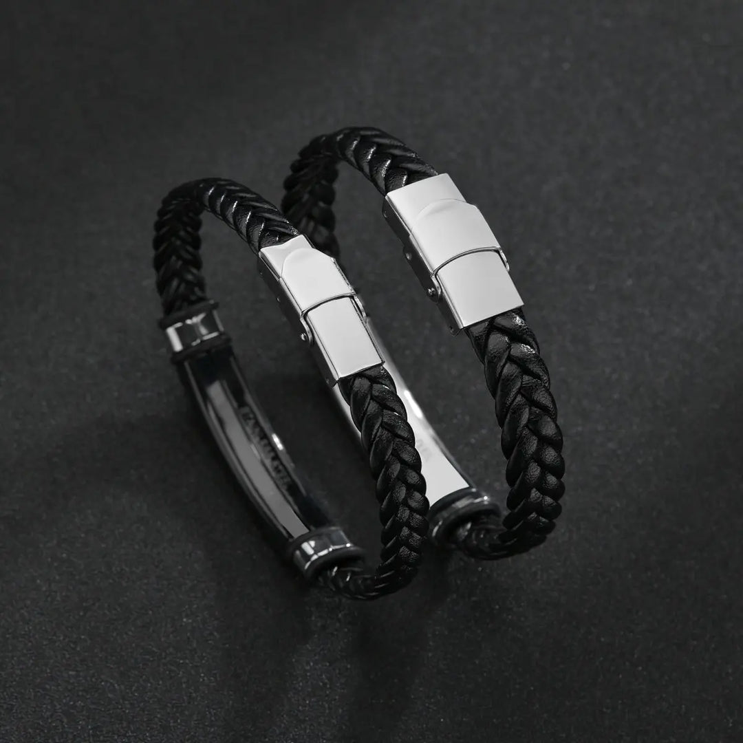 Woven Leather Steel Tile Bracelet silver - Shop-Tetuan