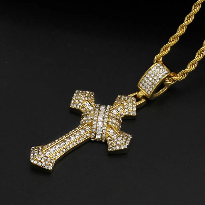 Diamond Cross Chain Pendant Necklace steel/gold - Shop-Tetuan