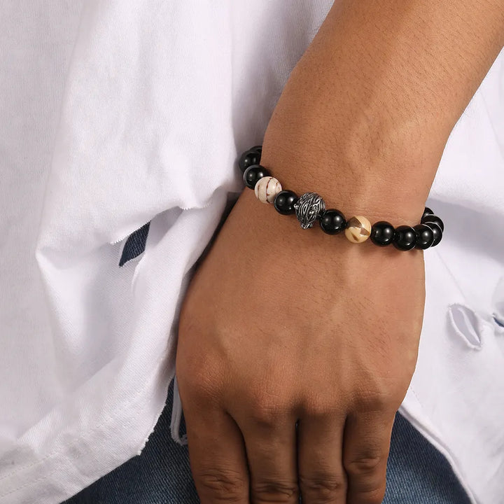 Natural Stone Wolf Head Black Beads blk