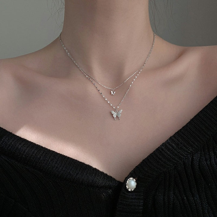 Diamond Butterfly Double Layer Necklace silver