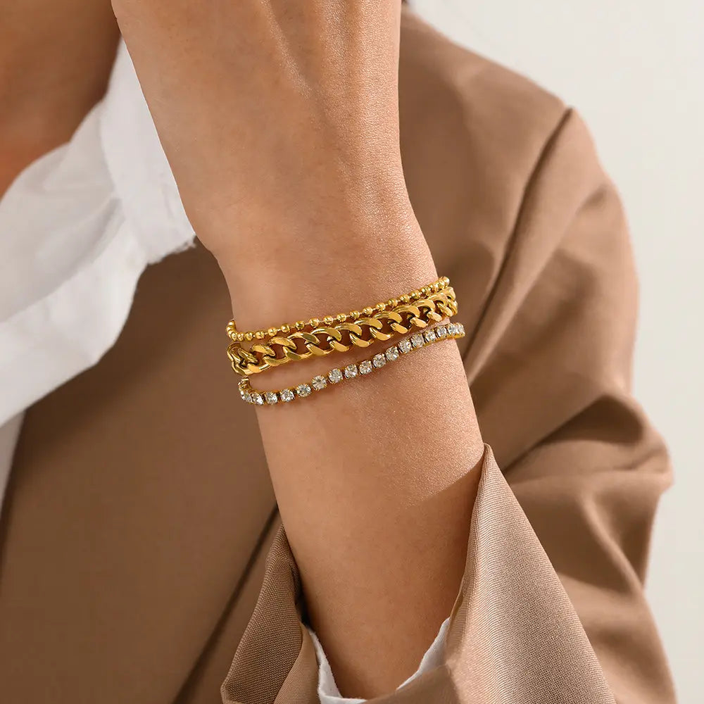 Three Layer Bead Cuban Zirconia Bracelet steel/gold - Shop-Tetuan