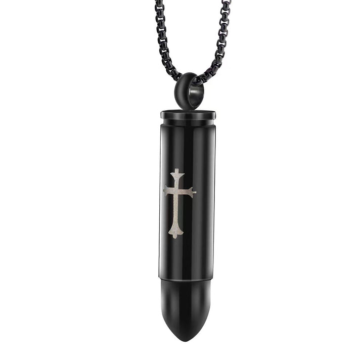 Openable Bullet With Cross Necklace black