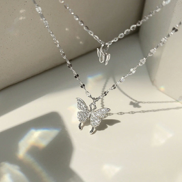 Diamond Butterfly Double Layer Necklace silver