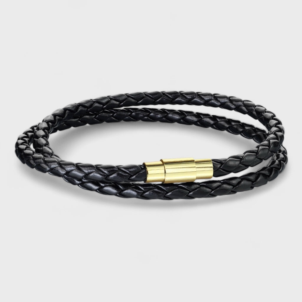 Double Wrap Black Bolo Braided leather bracelet black/gold