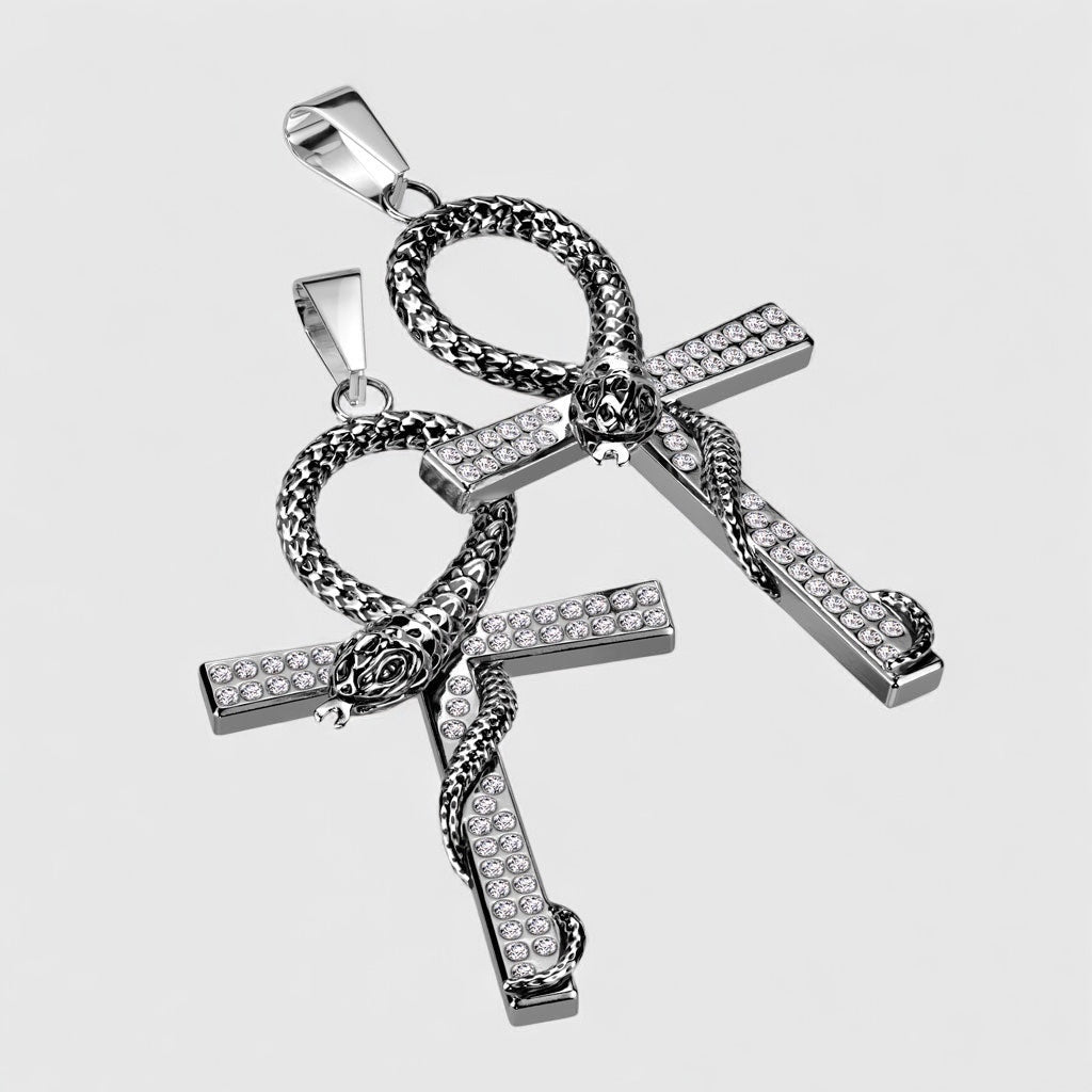 CZ Pave Cross Snake necklace steel - Shop-Tetuan