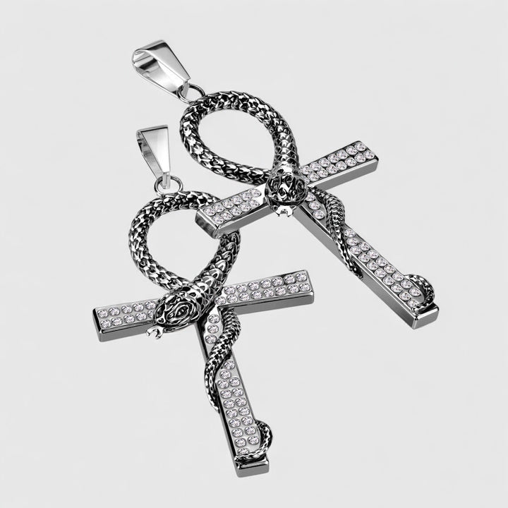 CZ Pave Cross Snake necklace steel - Shop-Tetuan