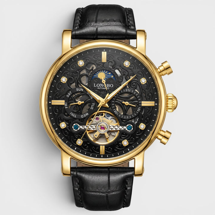 Longbo Automatic Leather Strap Watch gold/black