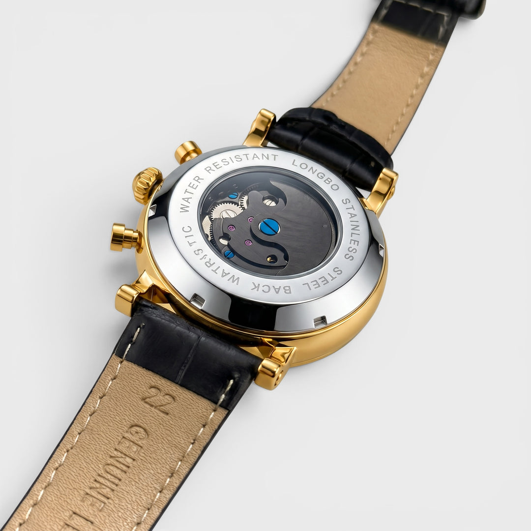 Longbo Automatic Leather Strap Watch gold/black