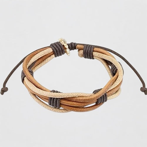 Multi String Leather Bracelet with Drawstrings Brown
