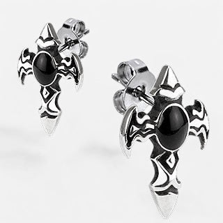 Winged Cross with Onyx Stone Stud Earring 316L Stainless Steel - Shop-Tetuan