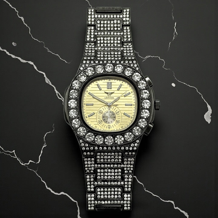 NY London Round Diamond Metal Bracelet Watch gun/gold