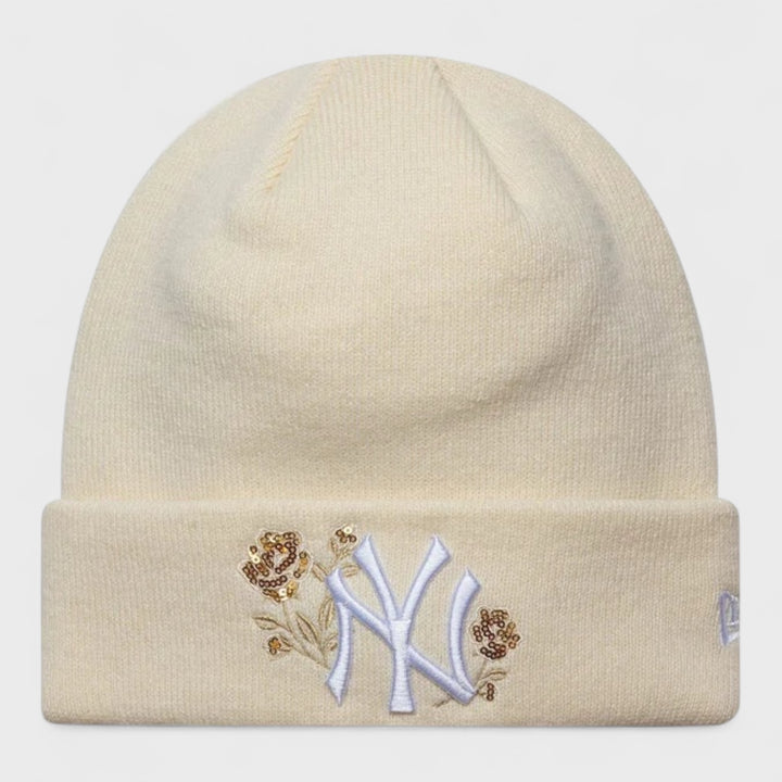 New Era MLB Sequin Rose Cuff Knit Beanie NY Yankees cream - Shop-Tetuan