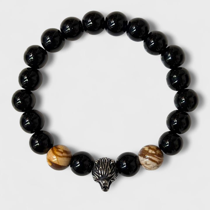 Natural Stone Wolf Head Black Beads blk