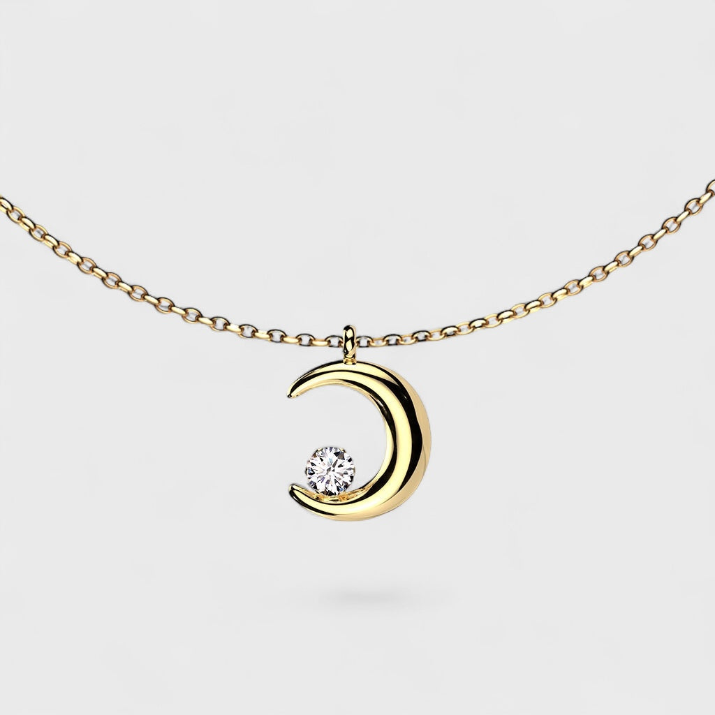 Crescent Moon Pendant With Prong Set CZ Stainless Steel Chain Necklace gold - Shop-Tetuan