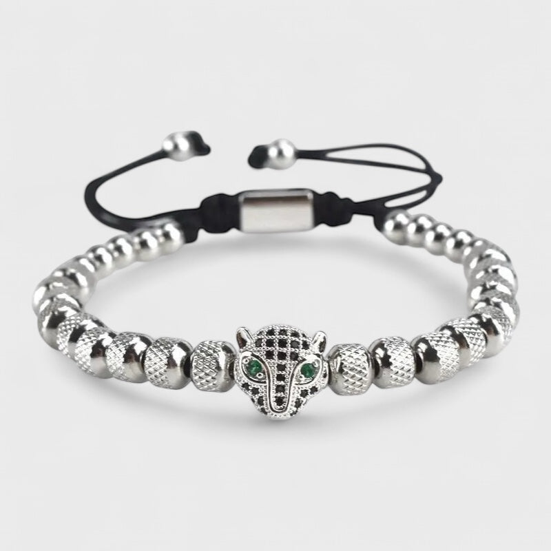 Leopard Head Mesh Bead Braided Bracelet steel - Shop-Tetuan