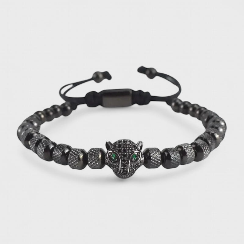 Leopard Head Mesh Bead Braided Bracelet black - Shop-Tetuan