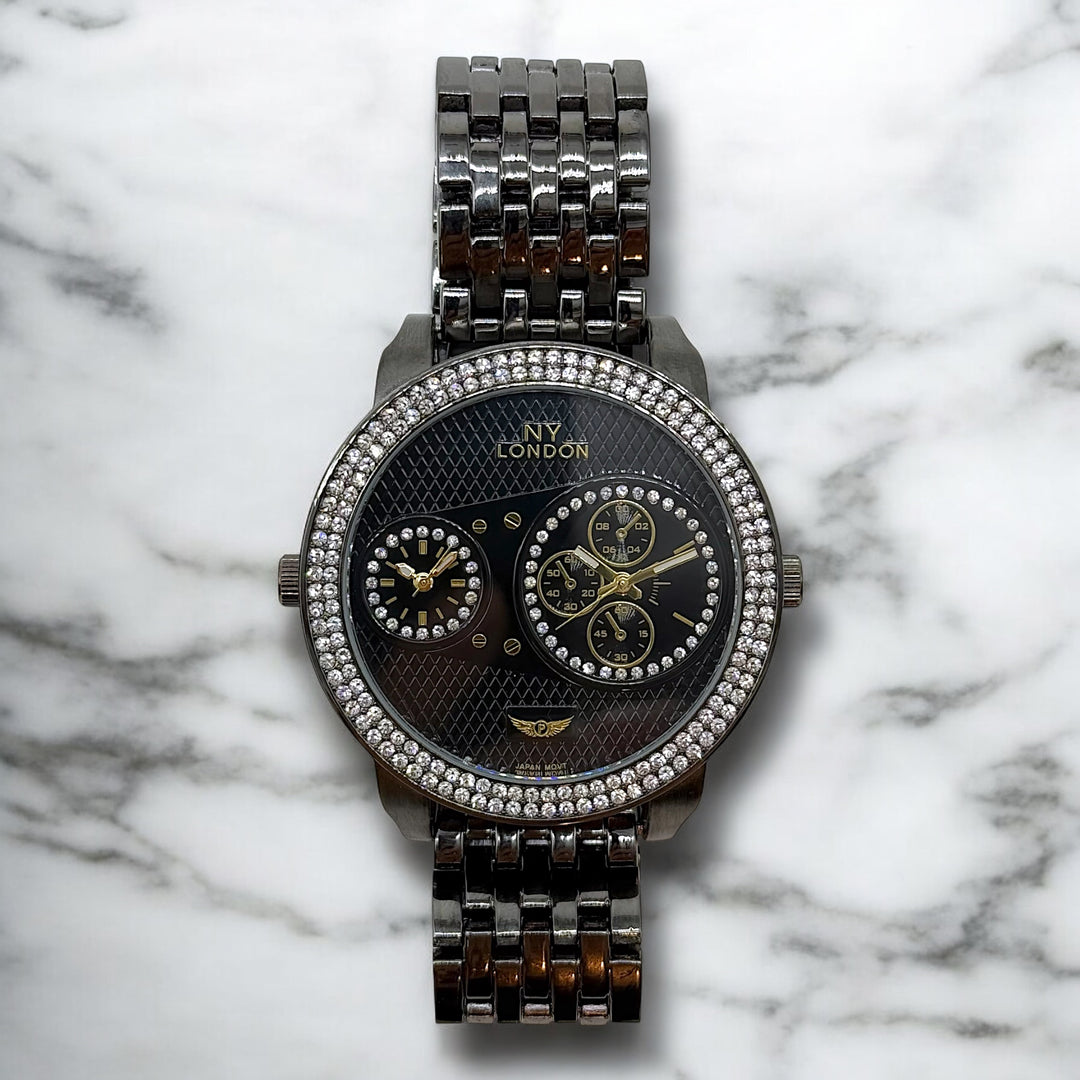 NY London Large Round Metal Bracelet Watch gun - Shop-Tetuan