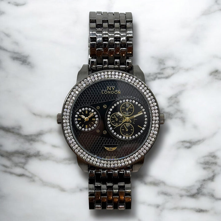 NY London Large Round Metal Bracelet Watch gun - Shop-Tetuan