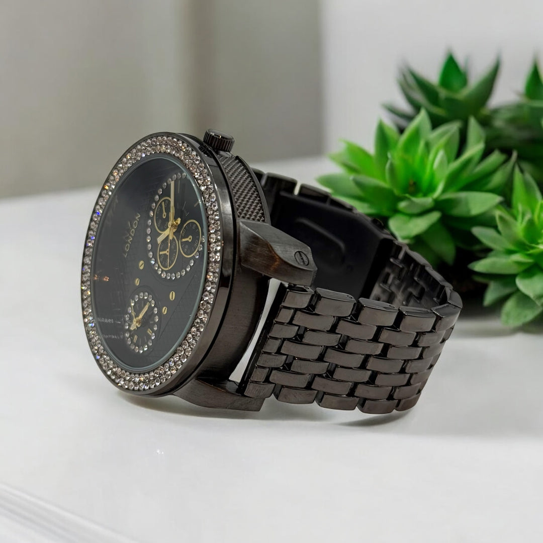 NY London Large Round Metal Bracelet Watch gun - Shop-Tetuan