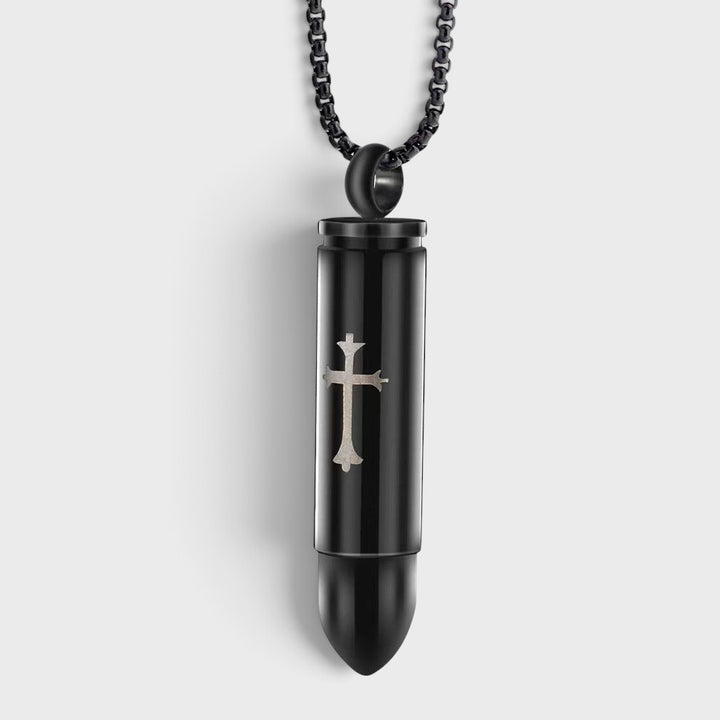 Openable Bullet With Cross Necklace black