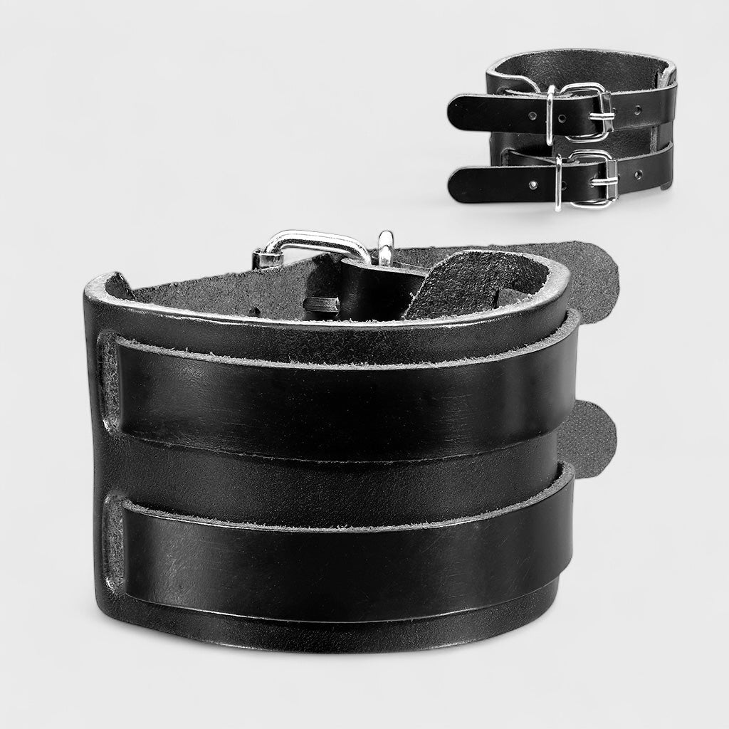 Black Leather Bracelet with Double Strap Belt Buckle - Shop-Tetuan