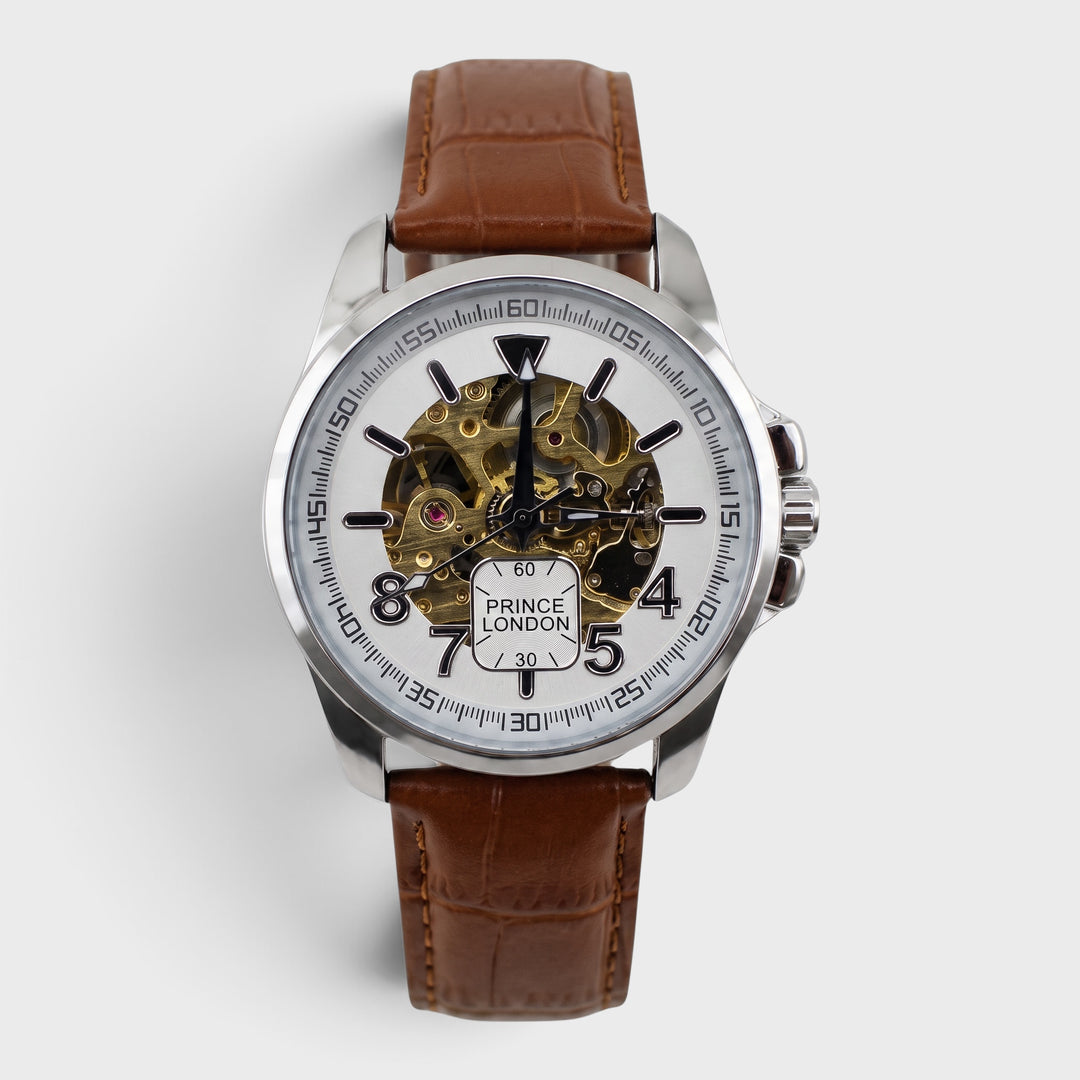 Prince London Automatic Leather Strap D7 Watch silver/brown