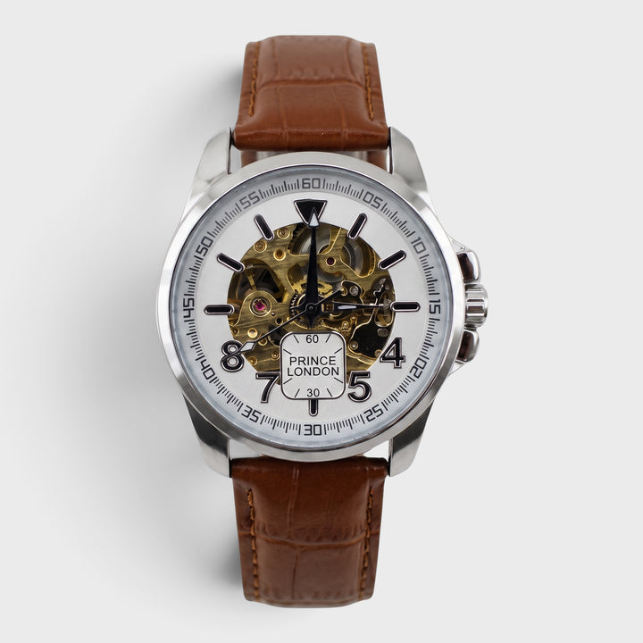 Prince London Automatic Leather Strap D7 Watch silver/brown