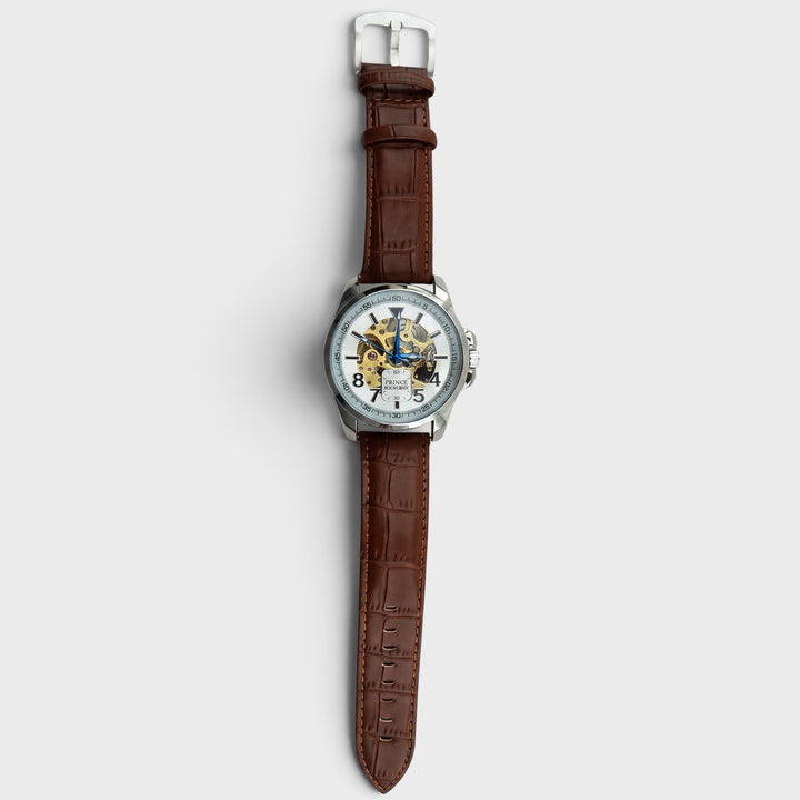 Prince London Automatic Leather Strap D7 Watch silver/brown