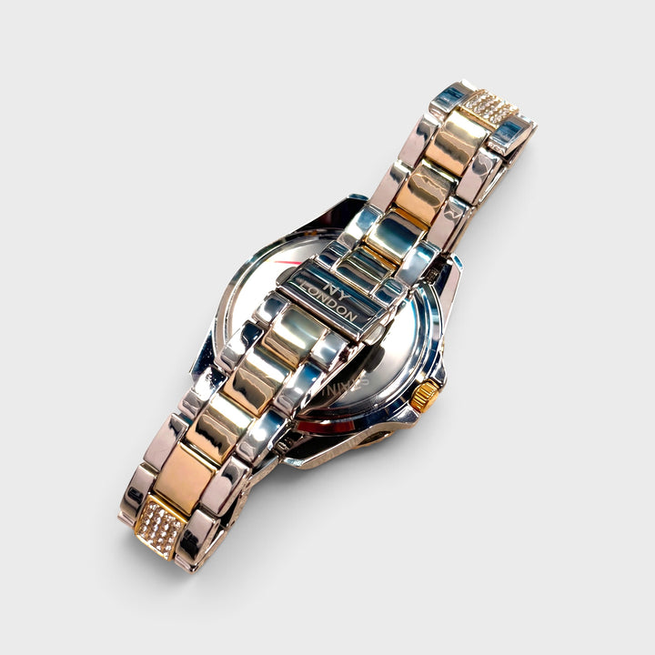 NY London Round Metal Strap Watch With Diamonds 2-Tone silver/blk/gold
