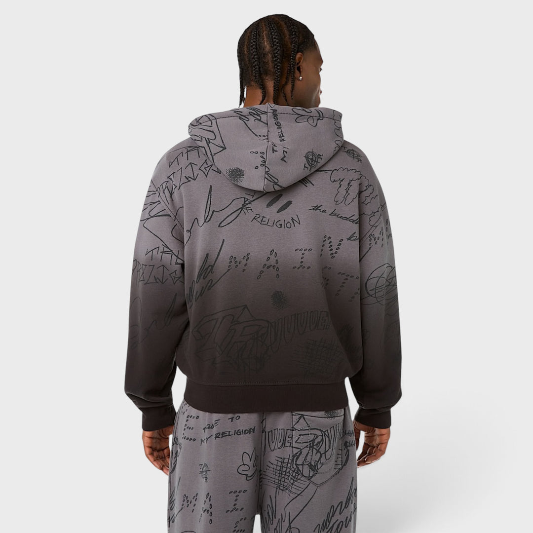 True Religion Dip Dyed Big T Boxy Zip Hoodie vintage black