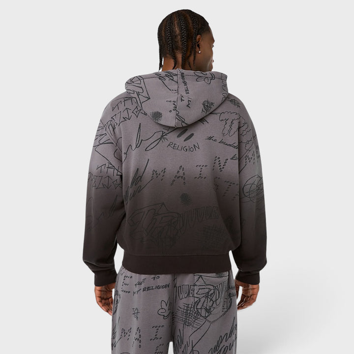 True Religion Dip Dyed Big T Boxy Zip Hoodie vintage black