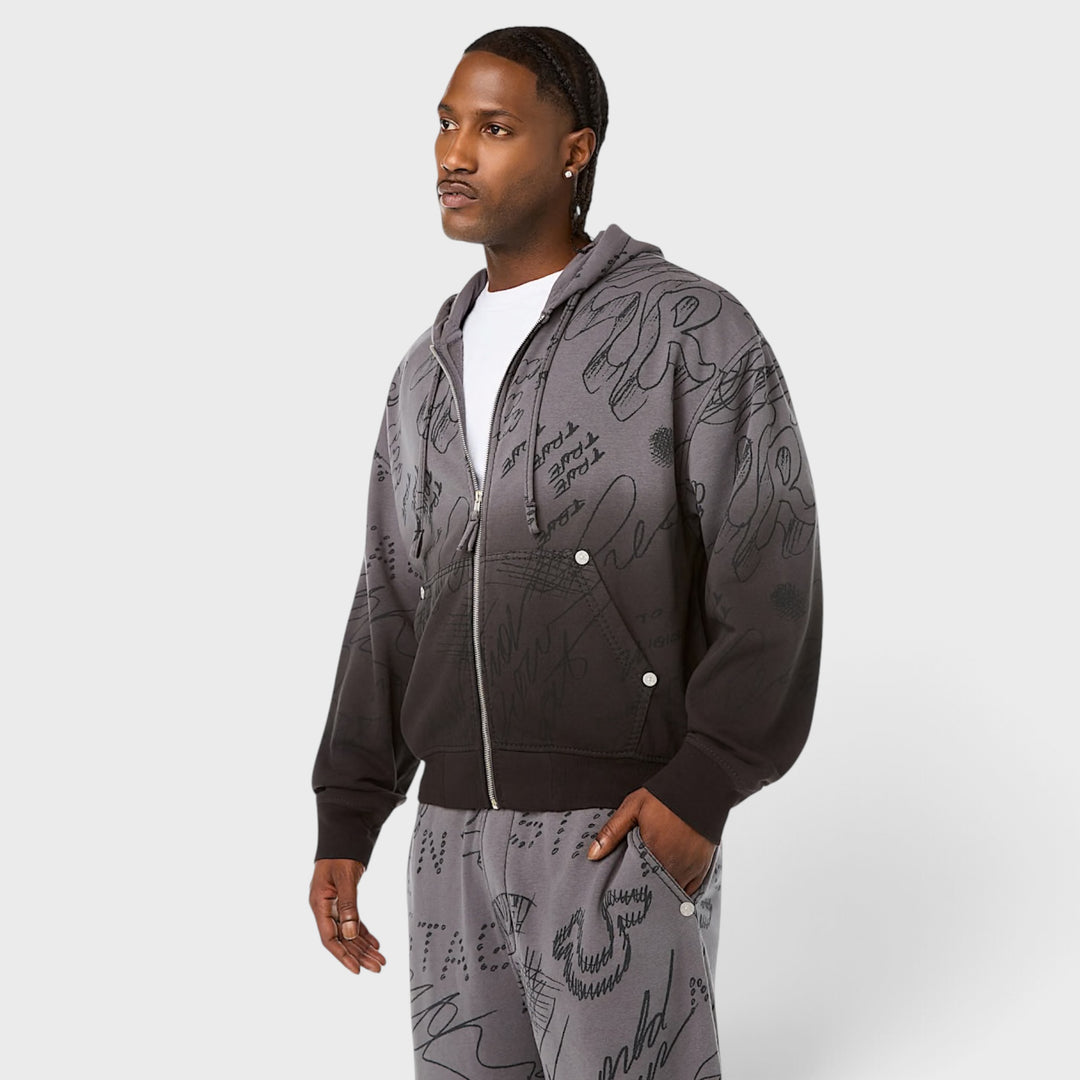 True Religion Dip Dyed Big T Boxy Zip Hoodie vintage black